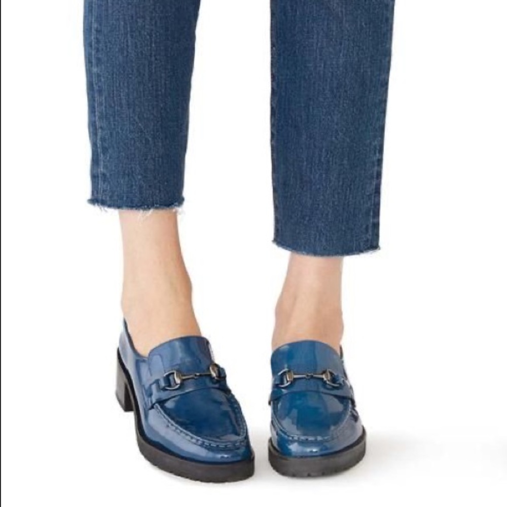 NWOT Blue patent leather loafers